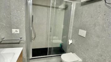 Ducha, secador de pelo, toallas, jabón