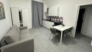 Un espacio habitable pequeño con kitchenette, comedor y sofá.