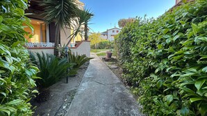 Un sendero estrecho bordeado de abundante vegetación y edificios con balcones.