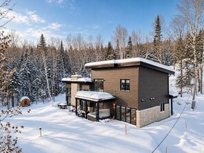 Una casa moderna de dos pisos con un patio de cristal, rodeada de árboles cubiertos de nieve.