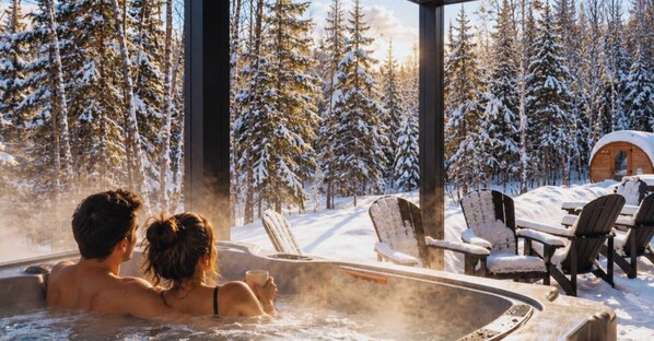 Ein Paar entspannt in einer Badewanne mit Blick auf einen verschneiten Wald.