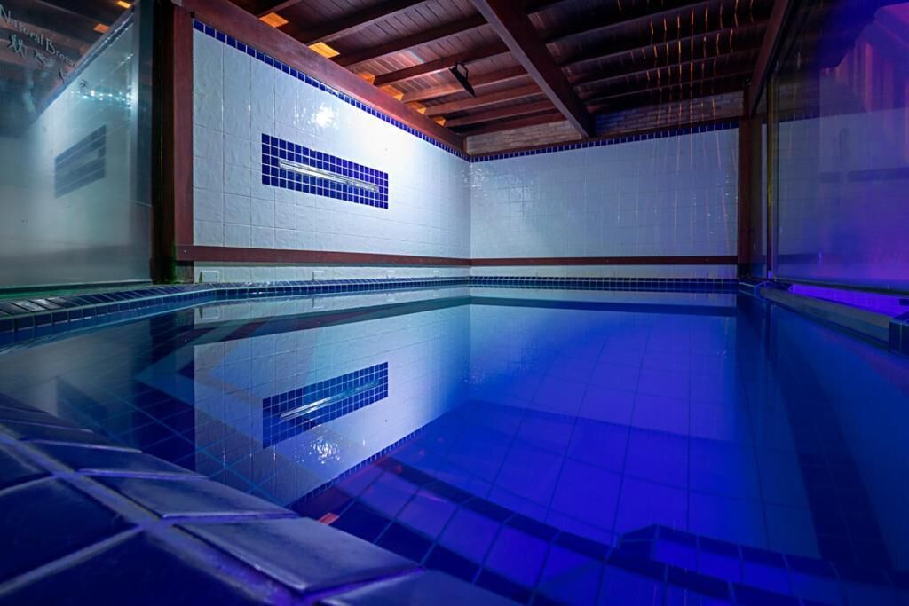Una piscina con paredes de azulejos azules y techo de madera.