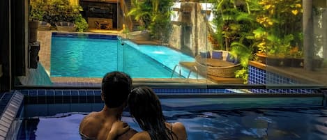 Indoor pool, open 10:00 AM to 10:00 PM, sun loungers