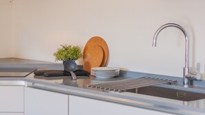 Eine moderne Küche mit einer Spüle aus Edelstahl, einem Topf mit Pflanze, einem Stapel Teller und einem Schneidebrett.