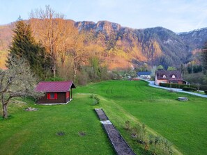 A rural landscape with a small red-roofed cabin and a larger house with a blue roof, surrounded by green fields and mountains in the background.