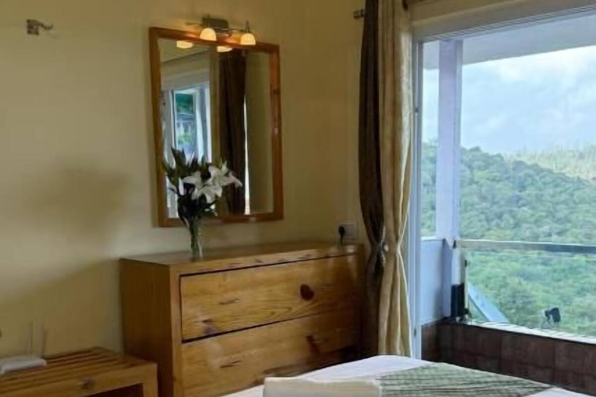A hotel room with a bed, a wooden dresser, a mirror, and a window with a view of greenery.