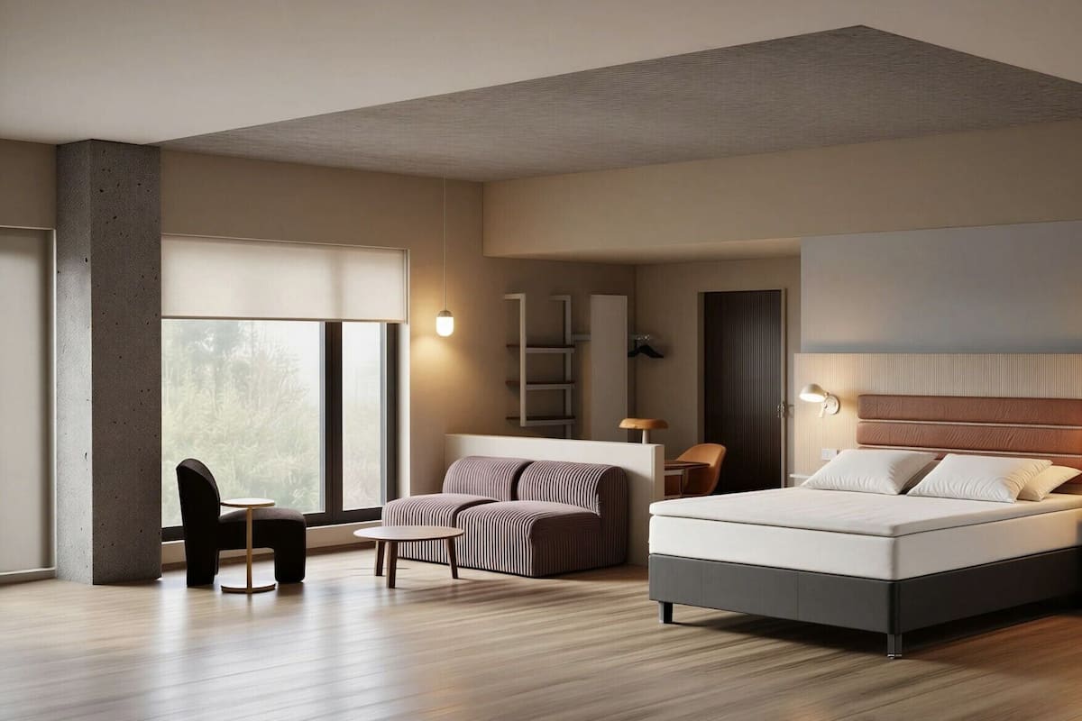 Une chambre d’hôtel moderne avec un grand lit, un bureau, une chaise et un canapé.