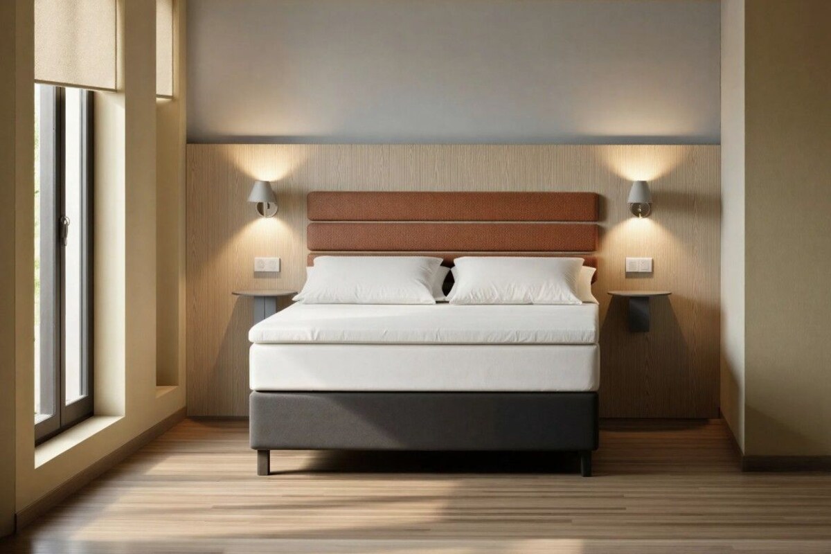 Een slaapkamer met een bed, twee bedlampen, een raam en een houten vloer.