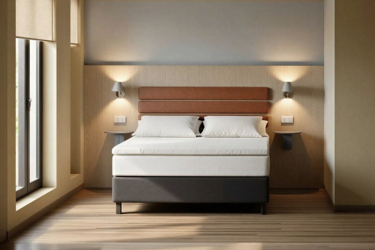 Een moderne slaapkamer met een bed, twee bedlampen, een raam en een houten vloer.