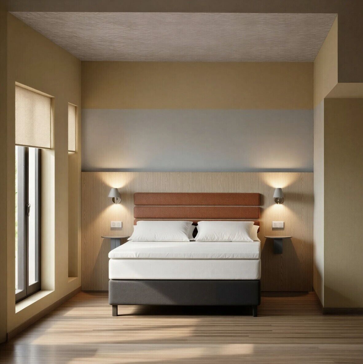 Une chambre moderne avec un lit, deux lampes de chevet, une fenêtre et un plancher en bois.