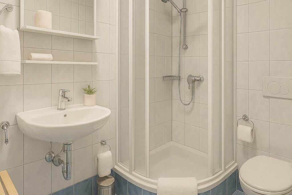 Un baño moderno con ducha en esquina, lavamanos con espejo y inodoro.