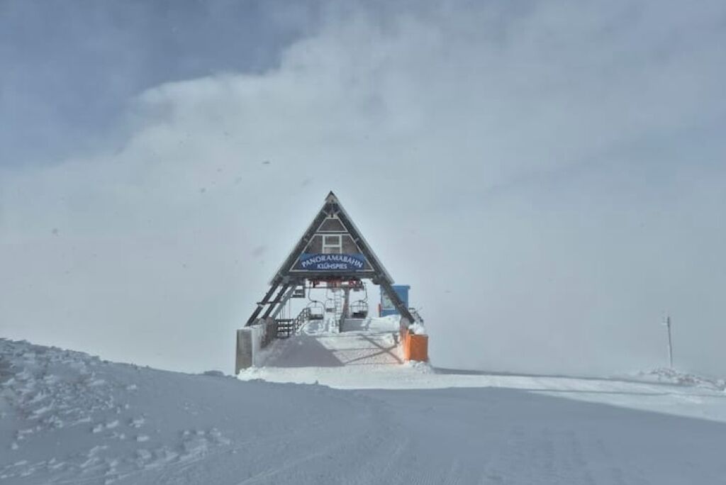 A snow-covered mountain with a triangular structure labeled "Panorama Point."