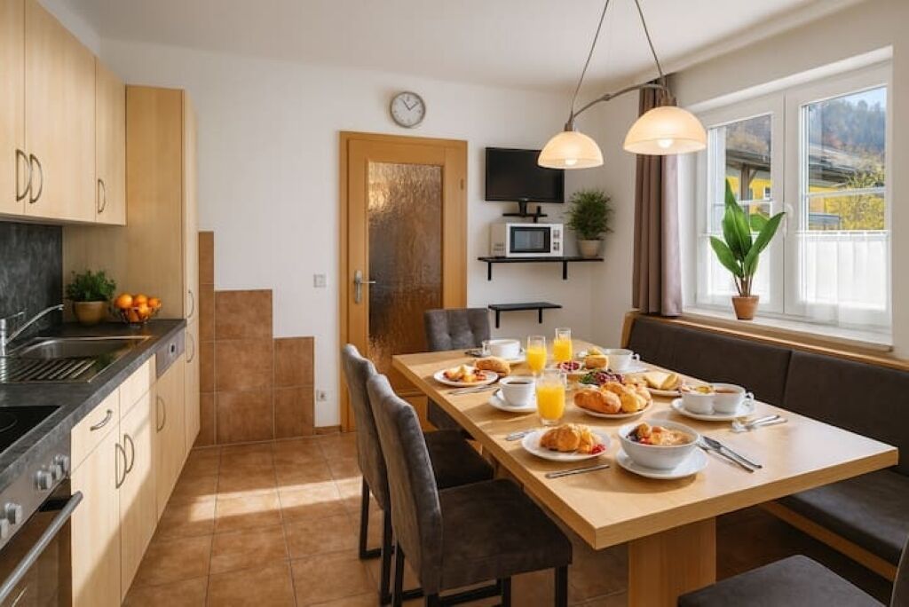 Una cocina moderna con una mesa de desayuno, microondas y televisor en la pared.