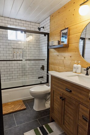 Signature Cabin, 3 Bedrooms, Non Smoking, Mountain View | Bathroom | Combined shower/tub, free toiletries, hair dryer, towels - Basecamp Modern A Frame Retreat (Big Bear)