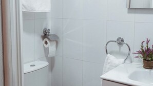 Een kleine, schone badkamer met toilet, wastafel en spiegel.