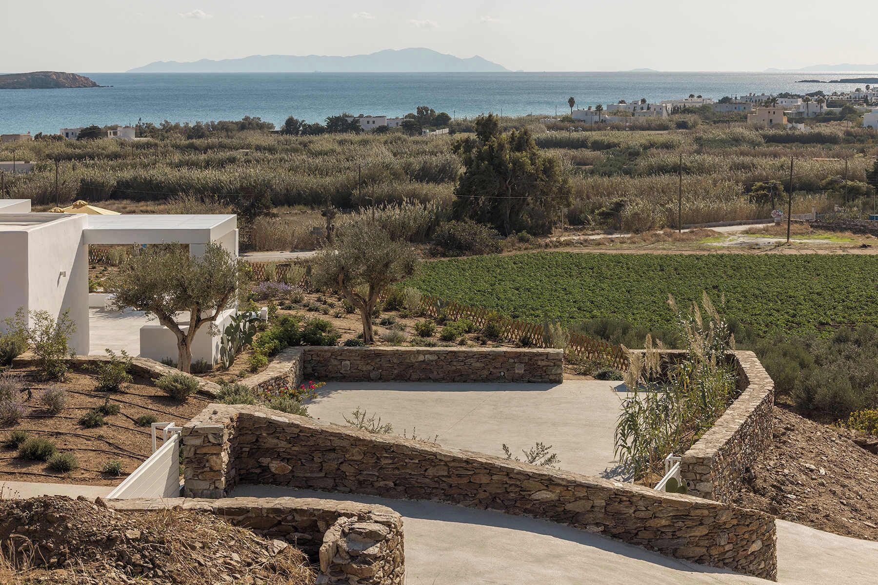 A modern villa with a stone retaining wall, a vineyard, and a view of the sea and distant mountains.