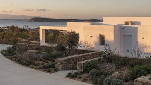 A white building with a stone pathway leading to a white door, surrounded by Mediterranean vegetation and overlooking a body of water. - Golden Coast Villa Daphne Private Wadingpool Getaway (Paros)