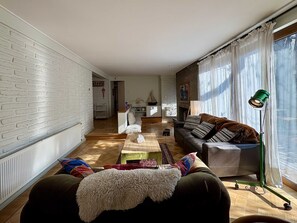 Televisión, chimenea, estéreo y oficina