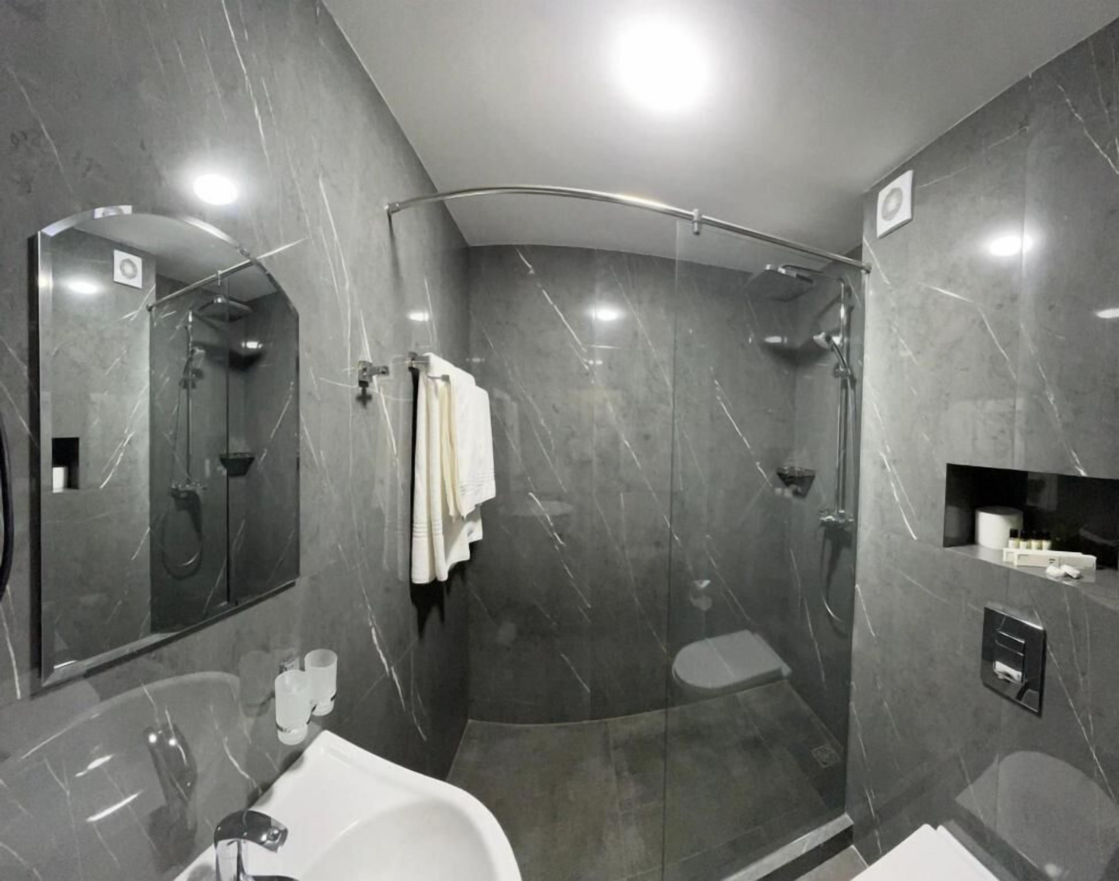 A modern bathroom with a curved shower, a large mirror, and a sink.
