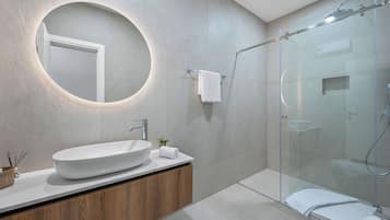 Suite estudio Deluxe | Baño | Regadera, secadora de cabello, toallas, jabón