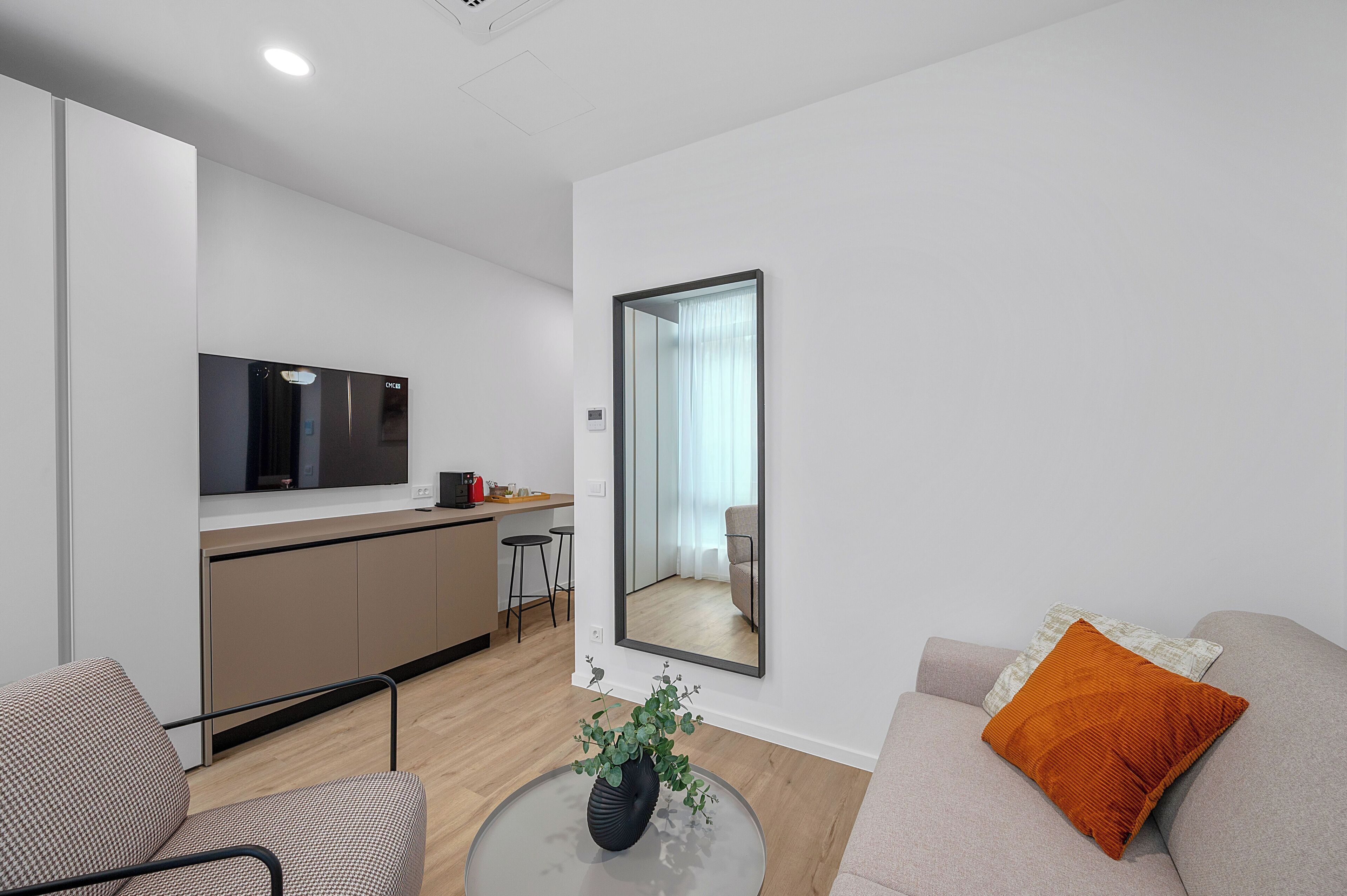 Una sala moderna con un sofá, una mesa de centro con una planta, una zona de cocina con televisor y un espejo grande que refleja la habitación.