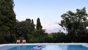 Een zwembad met een terras van steen, omringd door bomen en twee roze ligbedden.