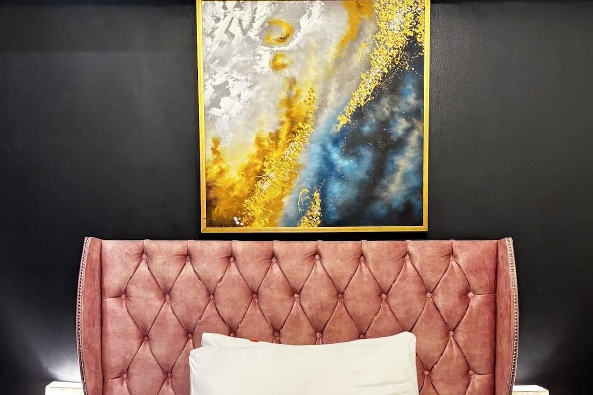 Desk, laptop workspace, blackout curtains, iron/ironing board