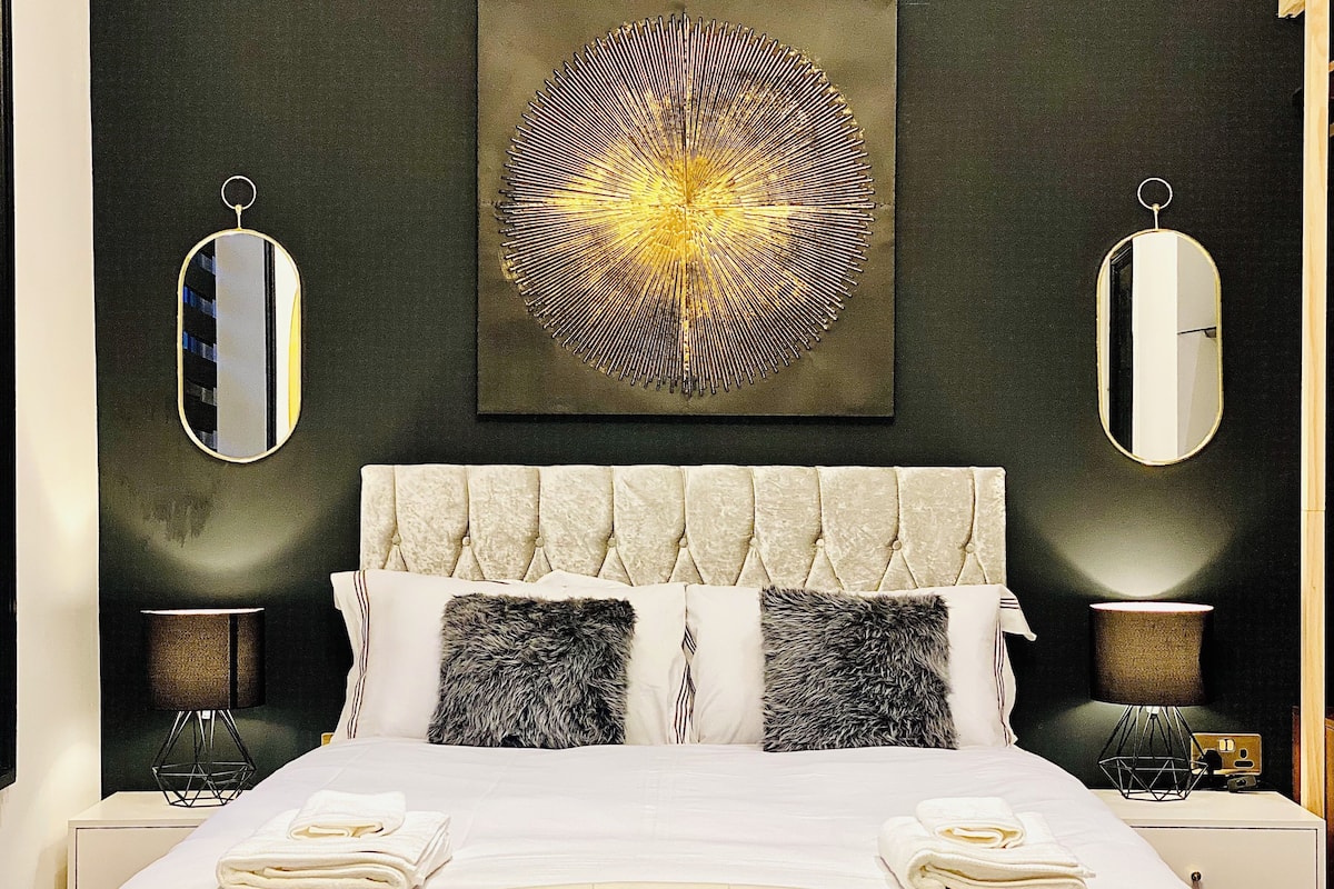 Desk, laptop workspace, blackout curtains, iron/ironing board