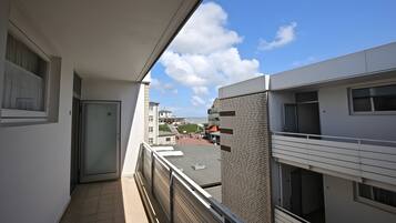 A balcony with a view of a building across the street, a door, and a railing.