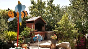 Ein Garten mit einer Bienenskulptur, einer Backsteinarchitektur und verschiedenen Blumentöpfen.