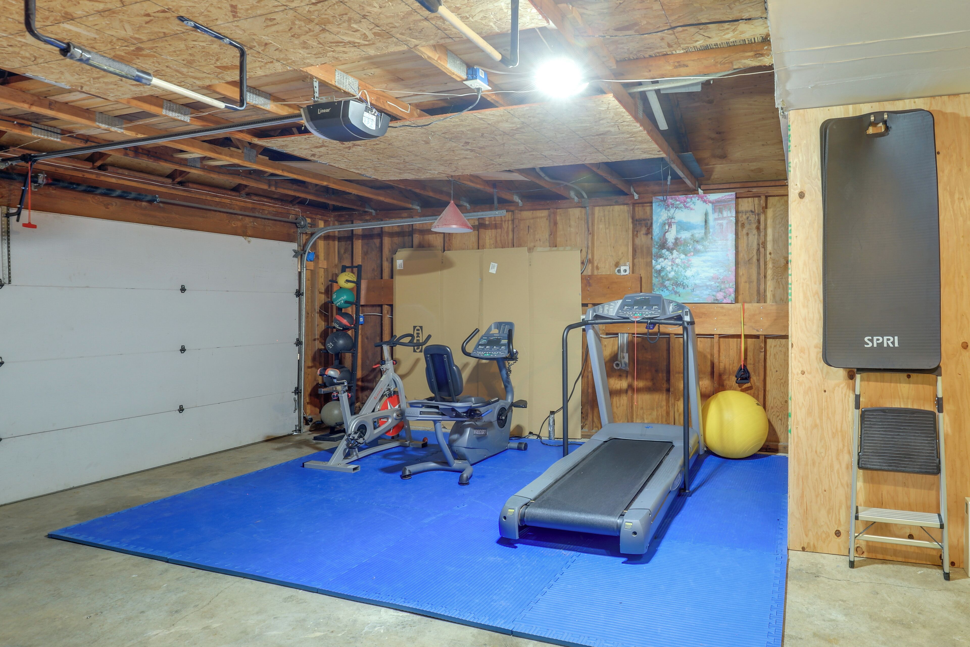 Ein Fitnessraum mit Trainingsgeräten, Laufband und einer blauen Matte.