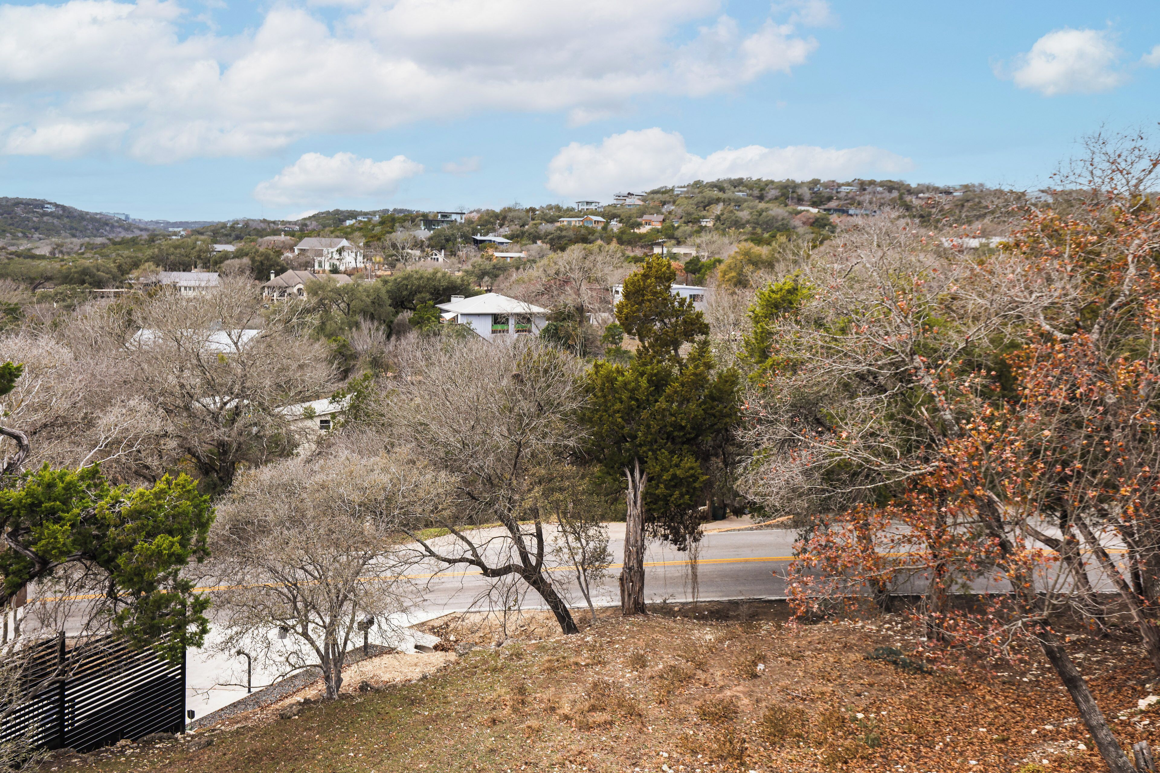 A residential area with houses, trees, and a road.