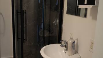 A modern bathroom with a glass-enclosed shower, a pedestal sink, and a mirror above the sink.