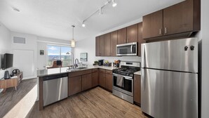 A modern kitchen with stainless steel appliances, wooden cabinets, and a large window offering a city view. - Luxury 1 BR I Walk to Mayo Skyway I Pets I Parking (Rochester)