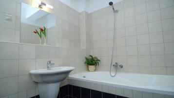 Bathtub, towels, soap, shampoo