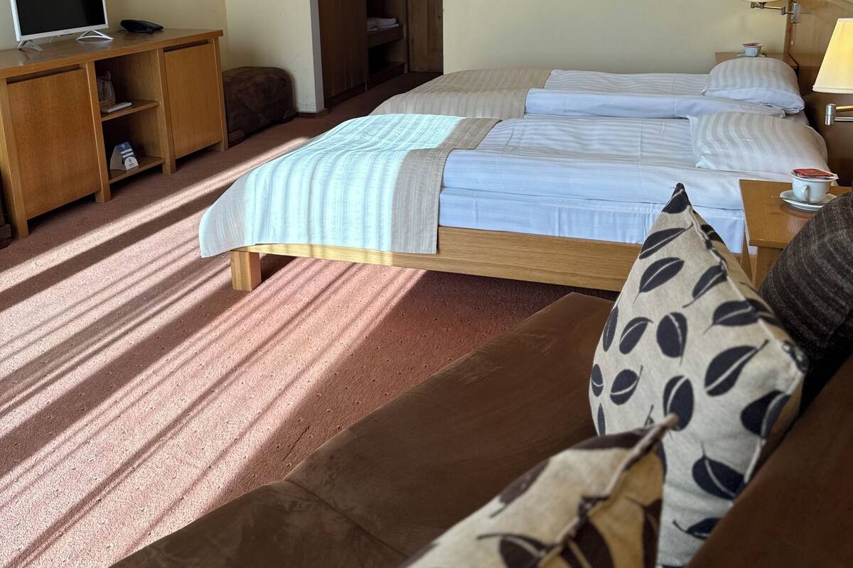 A hotel room with a bed, a sofa, a TV on a wooden stand, and a wardrobe.