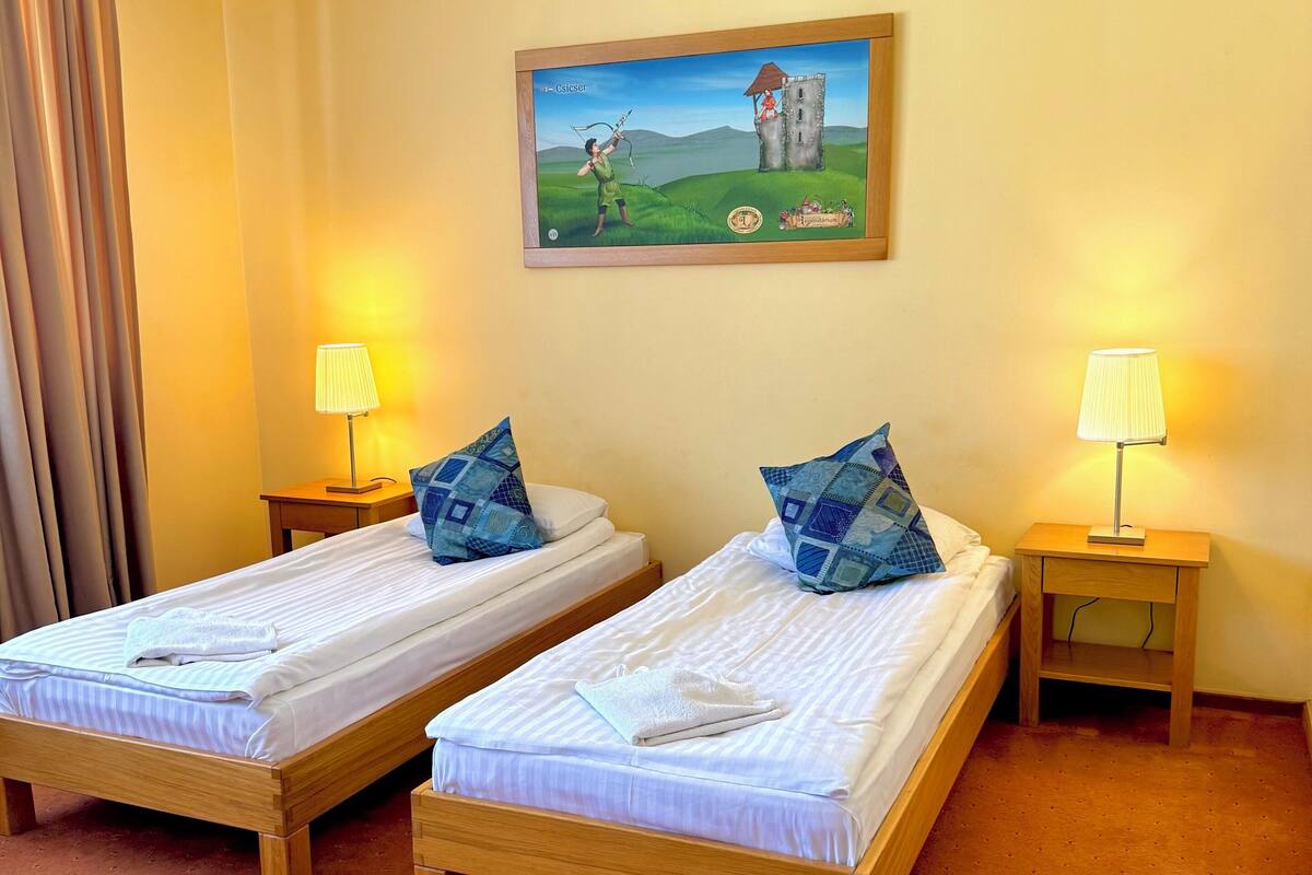 Two single beds with wooden frames, each with a matching pillow and a bedside lamp. A painting of a castle and landscape is on the wall above the beds.
