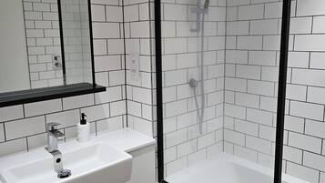 Shower, hair dryer, bidet, towels