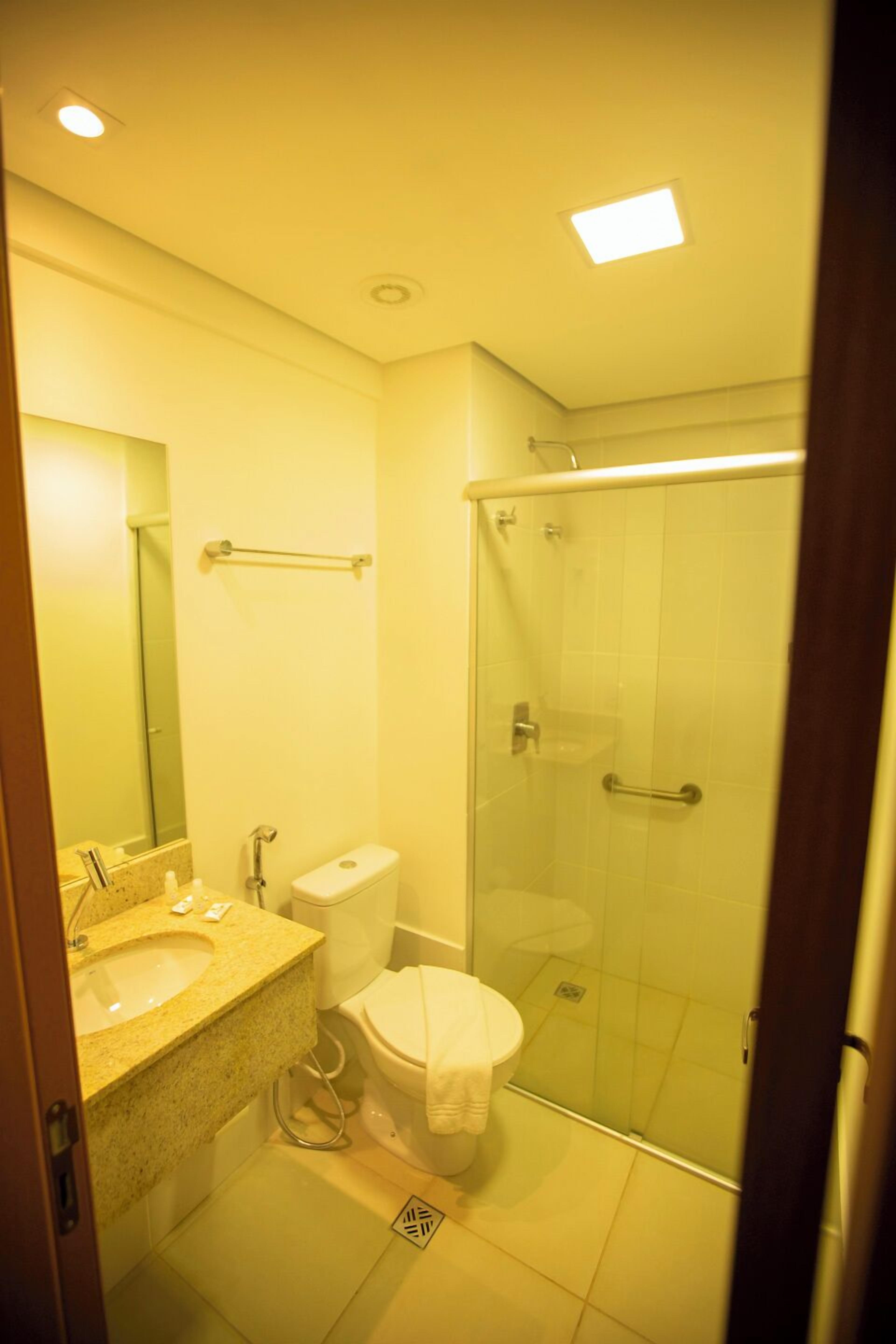 A modern bathroom with a glass-enclosed shower, a sink with a granite countertop, and a toilet.