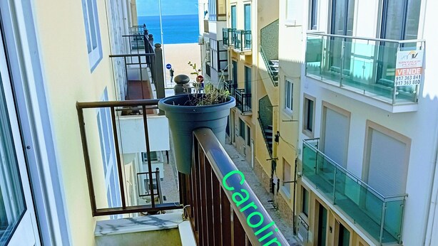 Uma varanda estreita com guarda-corpo de metal, um vaso de planta e vista para edifícios vizinhos.