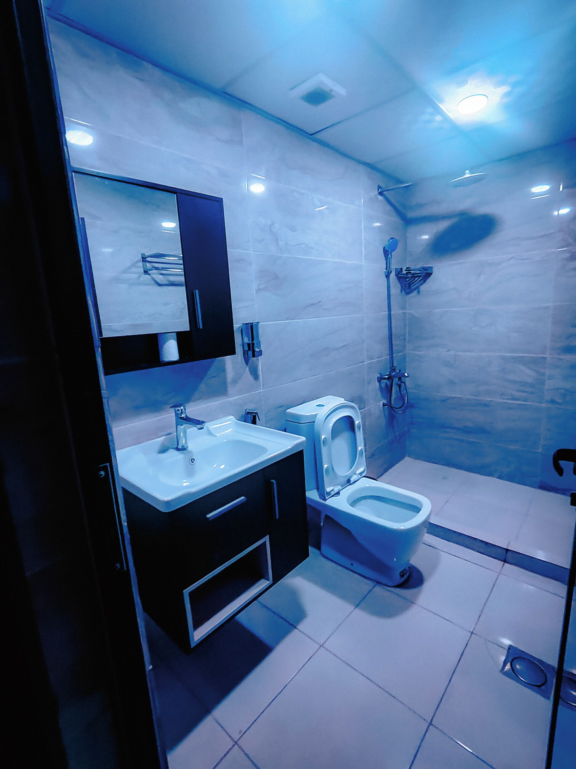 Ein modernes Badezimmer mit Toilette, Waschbecken und Dusche.