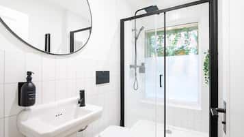 Shower, hair dryer, towels, shampoo