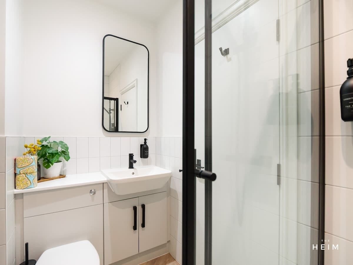 Shower, hair dryer, shampoo