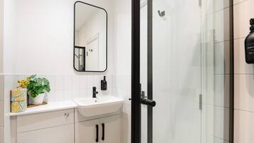 Shower, hair dryer, shampoo