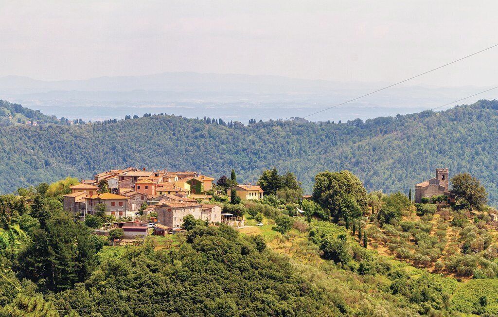 A hillside village with traditional buildings, a church, and lush greenery.