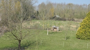 Ländliche Landschaft mit einem kleinen Holzgebäude, möglicherweise eine Werkstatt, umgeben von Bäumen und einem gepflegten Rasen.