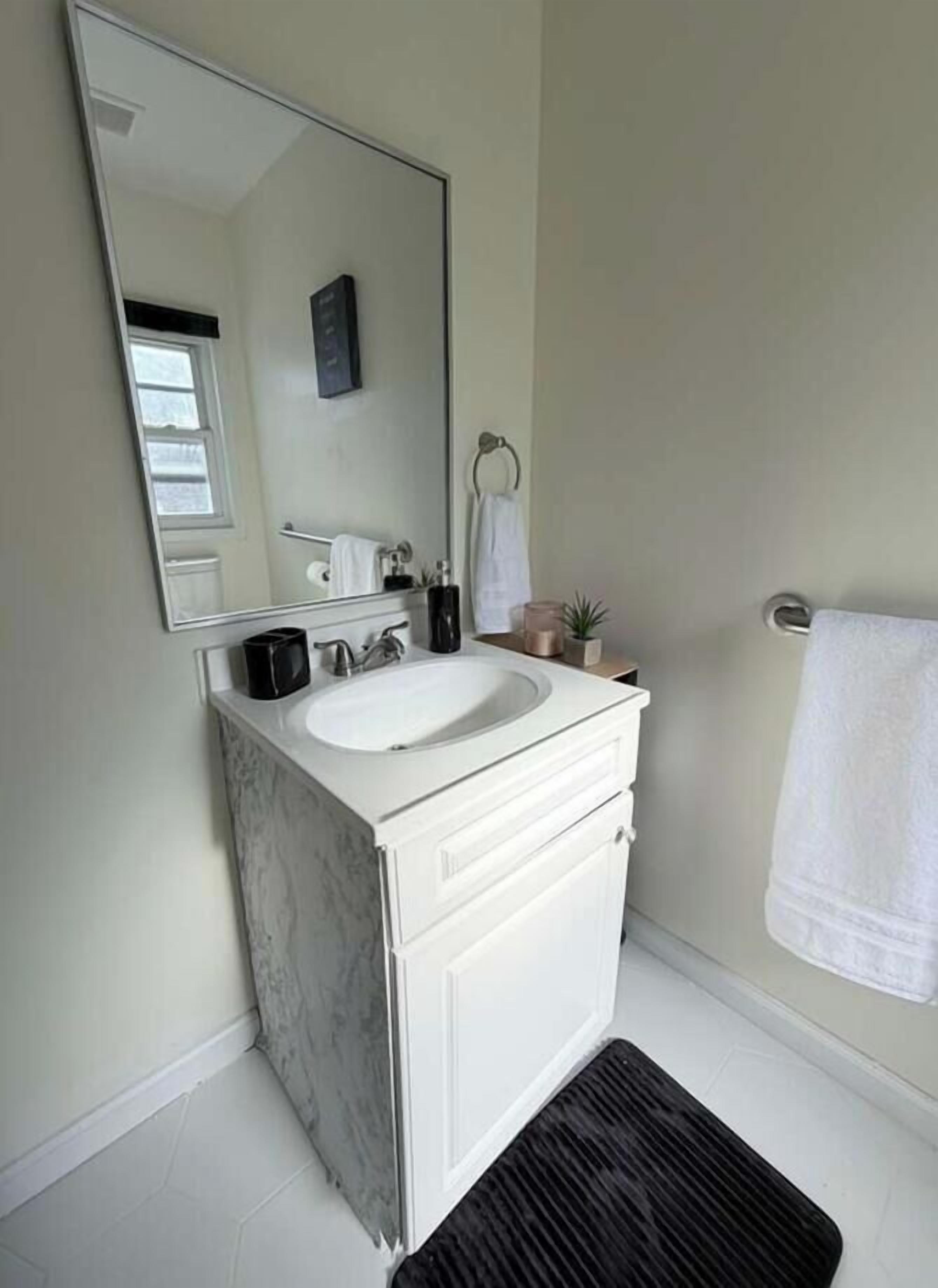 A bathroom with a white sink, a mirror, a towel rack, and a small potted plant.
