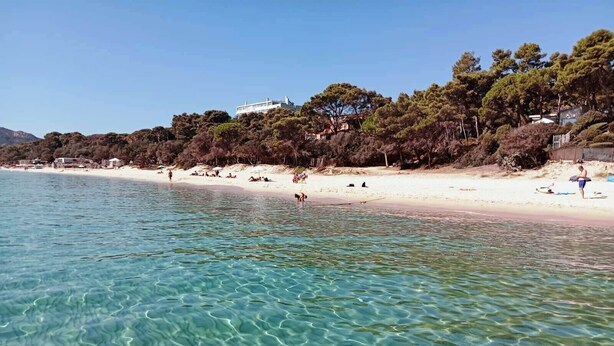 Ein Strand mit klarem Wasser, Menschen, die sich sonnen, und Gebäuden im Hintergrund.