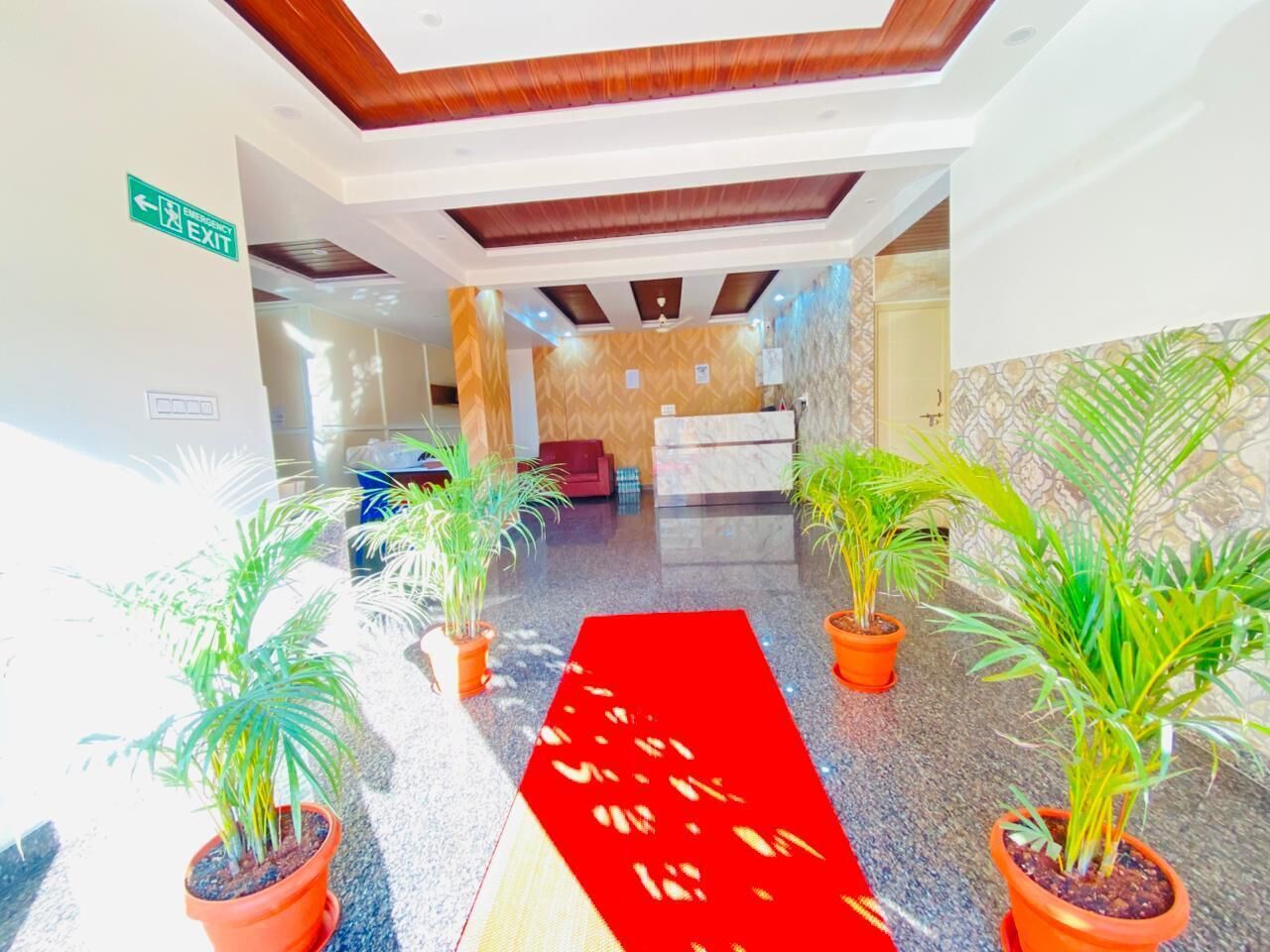 A hotel lobby with a red carpet, potted plants, a reception desk, and an emergency exit sign.