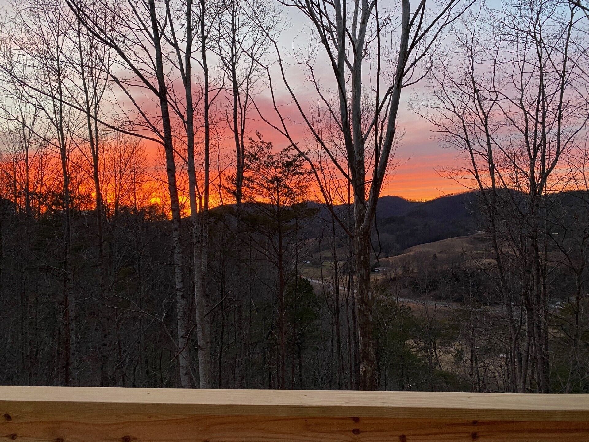 A view of a forested landscape with a sunset in the background.